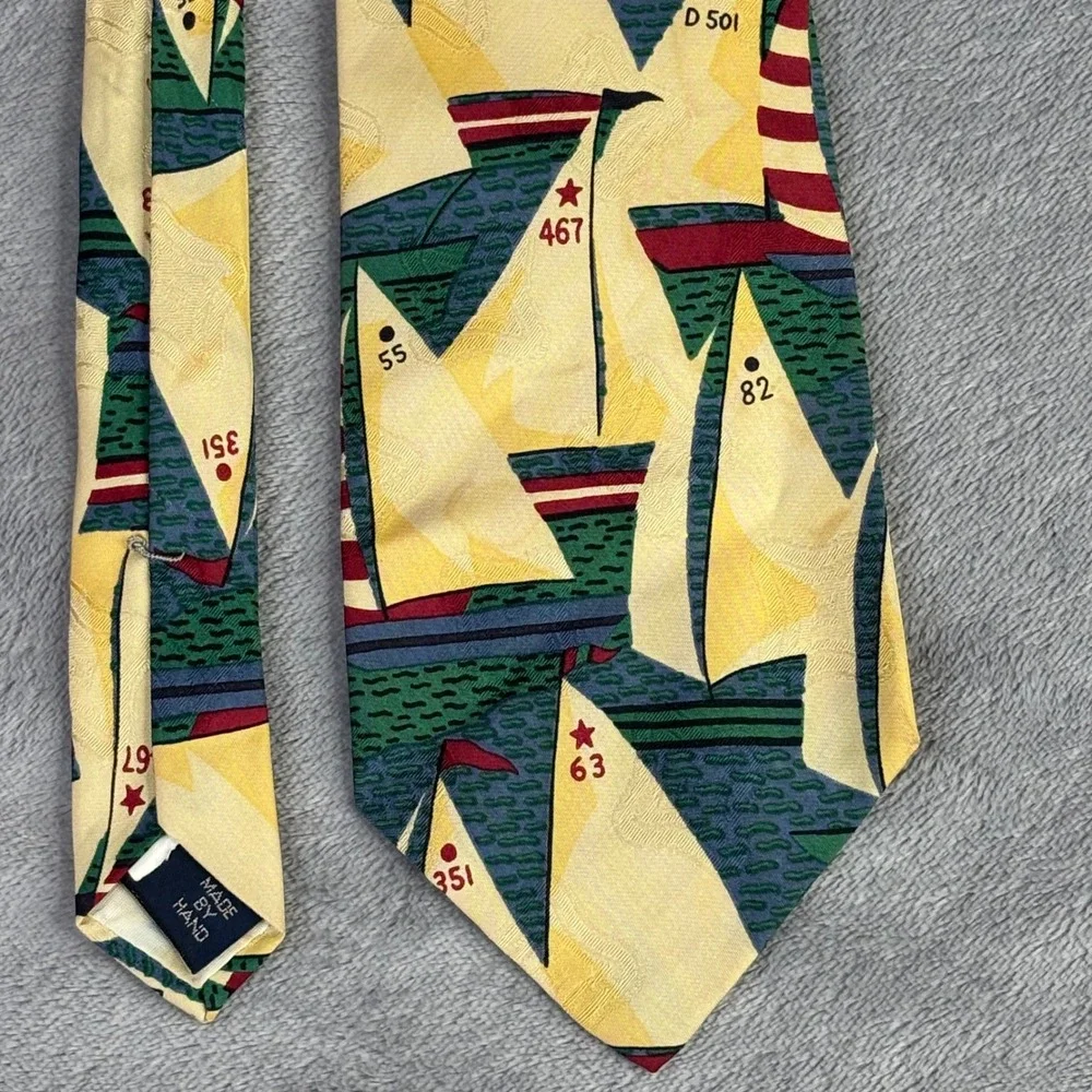 Polo Ralph Lauren Necktie Mens OS Yellow Nautical Sailboat Silk Made By Hand Tie